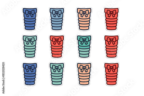 Colorful stackable cups with bows displayed in a grid pattern on a white background