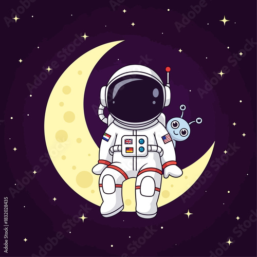 Astronaut's lunar rest with extraterrestrial companion under starry cosmic sky ambiance