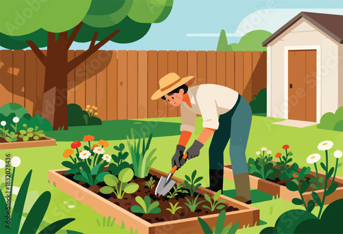 Illustration shows a person gardening in a sunny backyard with raised beds, flowers, and a shed