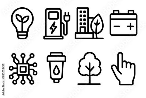 Eco Icons Collection. Eco Solutions linear icon set. plant bulb, charging station, green city, battery pack, circuit board, water filter, tree, hand icon