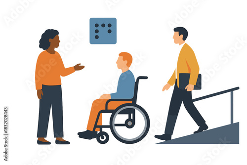 Group interaction showing a discussion about accessibility involving a person in a wheelchair and two others at a public location
