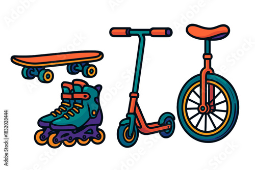 Different types of wheeled sports equipment including roller skates, skateboard, scooter, and unicycle