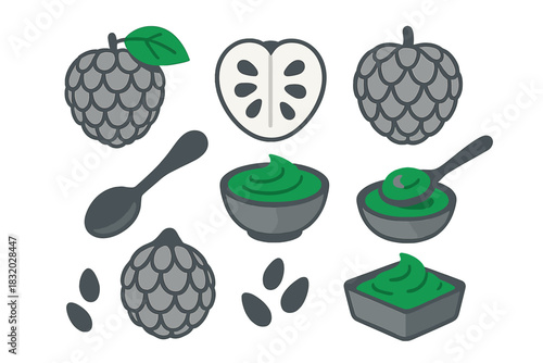 Detailed illustration of various fruits and desserts featuring green ingredients
