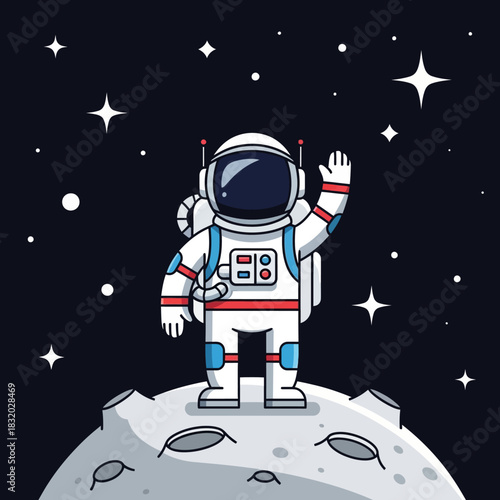 Cartoon astronaut waving hello from the moon amidst twinkling stars in deep space