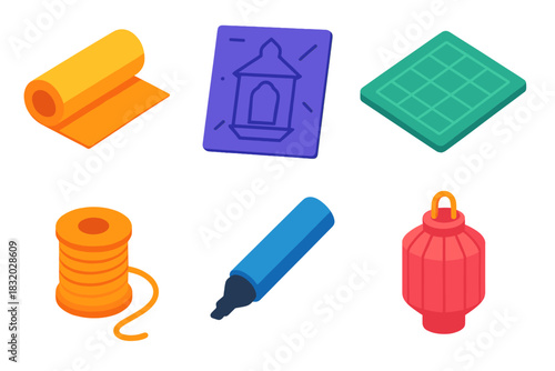 Lantern Craft Icon Set. Creative Lantern Workshop flat icons set. paper roll, stencil, cutting mat, string, marker, lantern form
