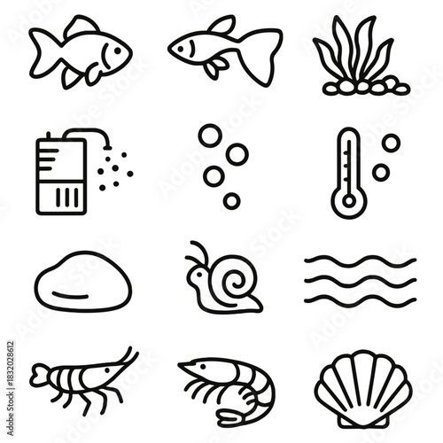 Aquarium Icon Set. Freshwater Tank linear icon set. goldfish, guppy, plant, gravel, filter, bubble, thermometer, stone, snail, shrimp, water wave, shell