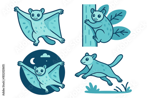 Unique illustrations of a cheerful sugar glider engaging in playful activities around trees and night skies