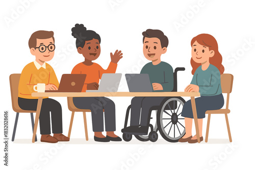 Diverse group collaborating around a table with laptops in a bright, modern workspace