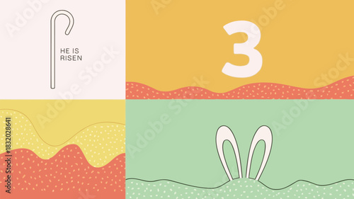 Easter celebration with religious symbols and playful bunny ears on a colorful grid background