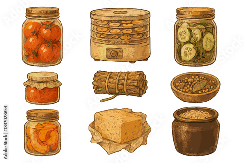 Selection of preserved foods and kitchen items showcasing natural ingredients in jars and containers for healthy living