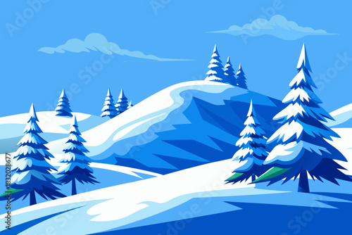 Gentle snow-covered hills with scattered pine trees under a pale blue sky Keywords: winter, snow, landscape, hills, pine trees, evergreen, nature