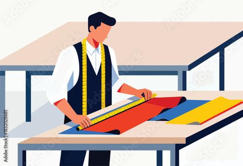 Stylized illustration of a tailor measuring fabric on a table, various colors, simple geometric figures