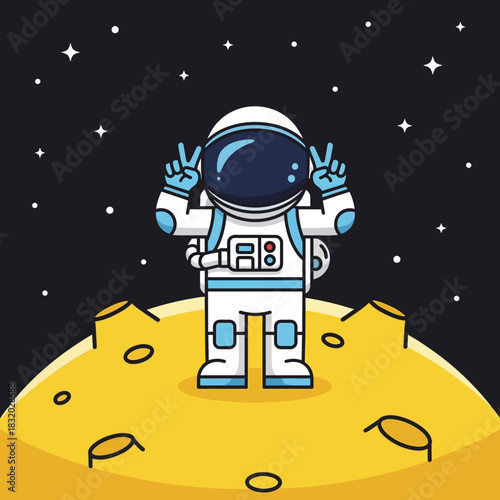Astronaut on moon cartoon character with peace sign in cosmic black background with stars