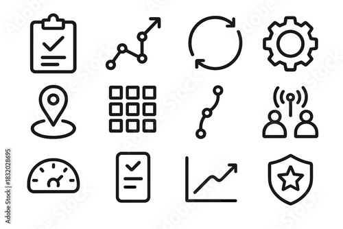 Productivity Icons Collection. Labor Day Productivity Frameworks linear icon set: objective sheet, planning pathway, cycle arrow, process engine, milestone marker, system grid