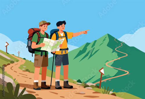 Two hikers with backpacks stand on a trail, viewing a mountain. One points, map in hand. Blue sky