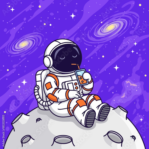 Astronaut enjoying a refreshing drink on the moon amidst swirling galaxies illustration