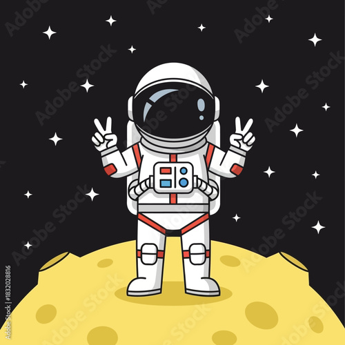 Cartoon Astronaut on a Lunar Surface Giving Peace Signs Amidst a Starry Expanse