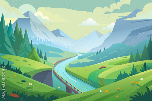 Idyllic Mountain Valley with Winding River and Gentle Hills Keywords: mountain, valley, river, bridge, nature, landscape, scenic, travel, journey