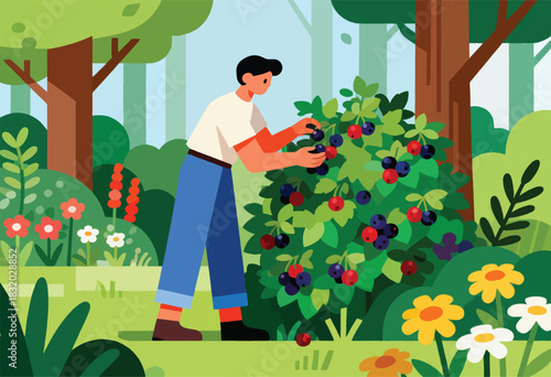 An illustration shows a person harvesting berries from a bush in a garden with trees and flowers. The style is flat, stylized