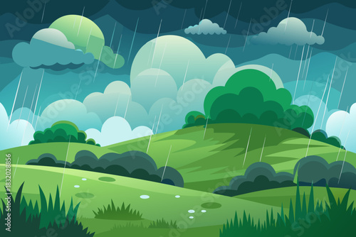 Lush green landscape with rolling hills and dense bushes during a rainstorm weather nature