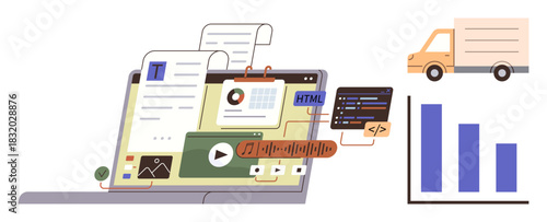 Laptop screen with text, graphics, code, HTML, video, and analytics. Includes truck and bar chart elements. Ideal for tech, content creation data logistics marketing education programming