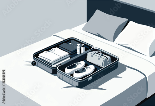 A suitcase, half-packed on a bed, with clothes, toiletries, a bag, and shoes, in a minimalist style