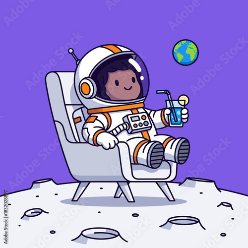 Astronaut Enjoying a Drink on the Moon Amidst the Stars Cartoon Graphic Design