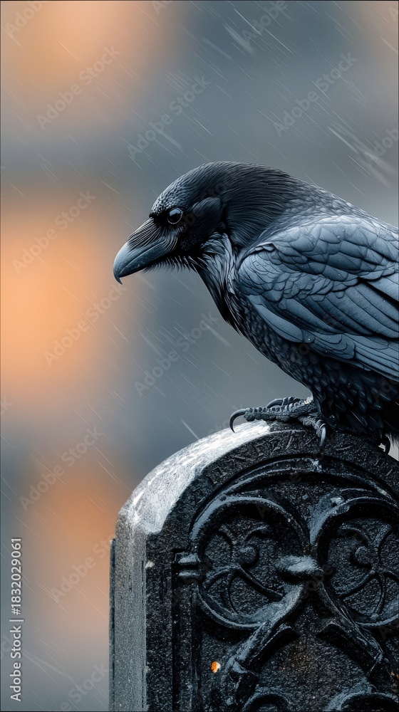 Fototapeta premium A close-up shot of a raven perched on a tombstone in the rain. The bird is looking to the side, with a blurred background.