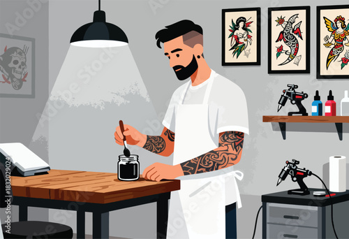 A bearded tattoo artist prepares ink in his studio, surrounded by equipment and traditional tattoo art