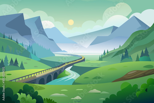 Mountain Valley with Winding River and Bridge at Sunrise landscape nature