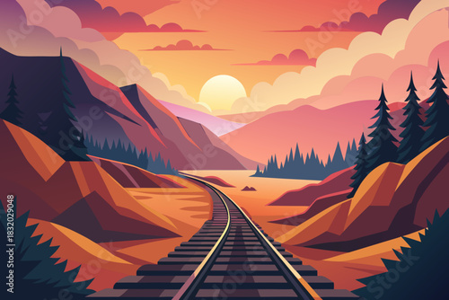 Perspective view of train tracks in a mountain pass at sunset railway valley