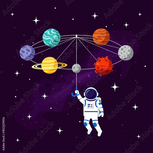 Whimsical Space Explorer: Astronaut using planets as a cosmic umbrella against stardust