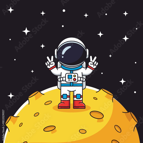Cartoon astronaut floating on the moon making a peace sign in the middle of space with stars