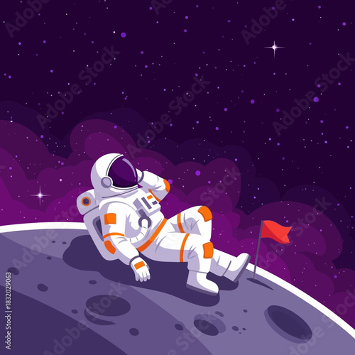 Relaxing astronaut contemplating the cosmos while resting on a celestial body surface