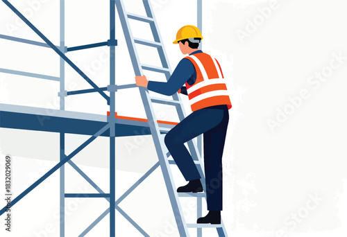 A construction worker climbs a ladder on a scaffolding, wearing a safety vest and hard hat. Against white background