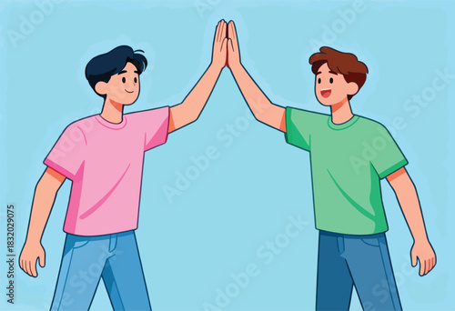 Two cartoon males giving a high five. They wear casual clothes with blue background. Illustration of celebration and teamwork