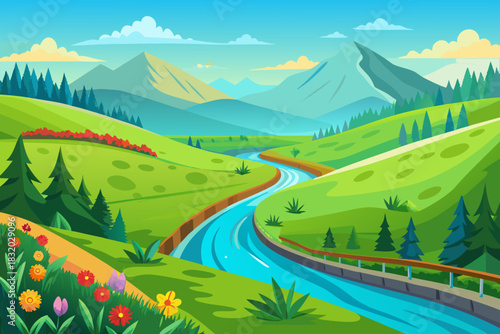 Picturesque Mountain Landscape with Winding River and Flowers Keywords: landscape, nature, spring, river, mountains, valley, green hills, trees