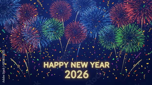 New Year 2026 celebration with colorful fireworks and falling confetti.
