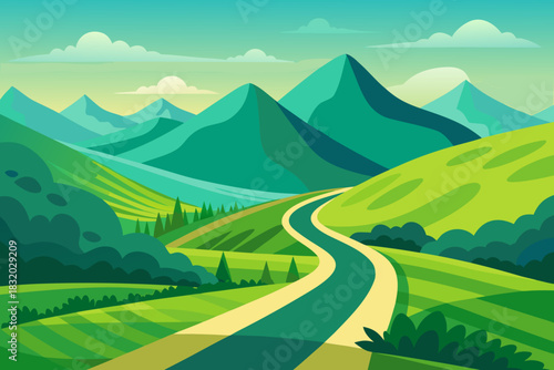Serene green landscape with winding road and distant mountains nature