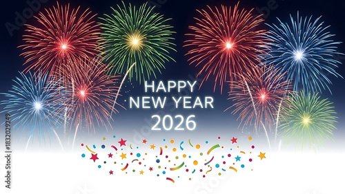 Vibrant fireworks display celebrating the arrival of Happy New Year 2026.