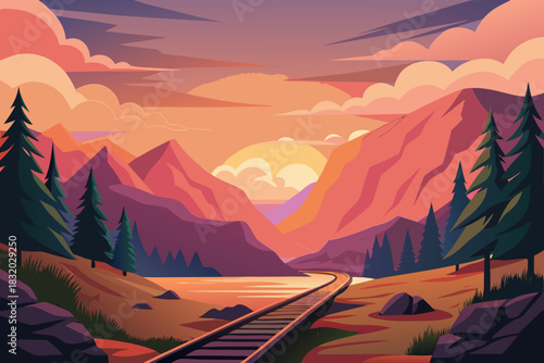 Serene mountain landscape with train tracks and twilight sky railway mountains