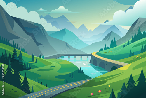 Serene Mountain Valley Landscape with River and Bridge nature