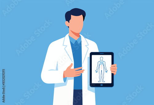A doctor in a white coat shows a tablet with a diagram of the human body on a blue background