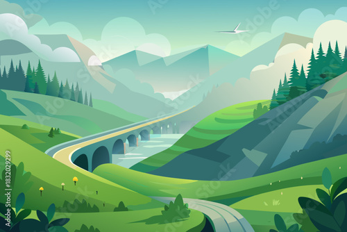 Serene Mountain Valley with Curved Bridge and Winding Road Keywords: mountain, valley, bridge, road, river, nature, landscape, scenic, travel