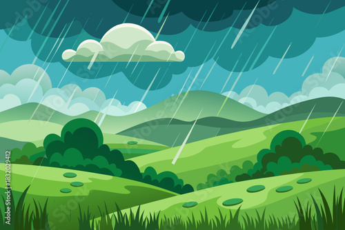 Stylized green rolling hills under a stormy sky with heavy rain landscape nature