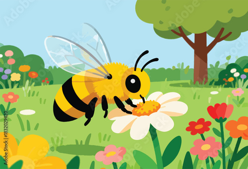 A cartoon bee is collecting pollen from a daisy in a colorful meadow filled with flowers, grass, and trees