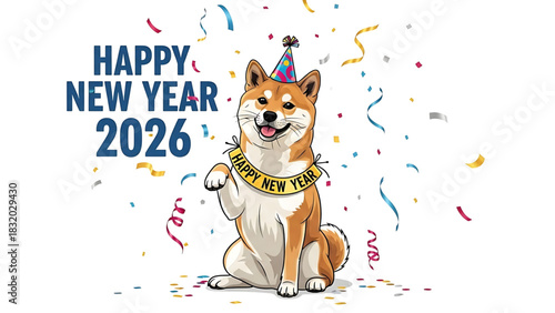Shiba Inu Celebrating Happy New Year 2026 with Confetti