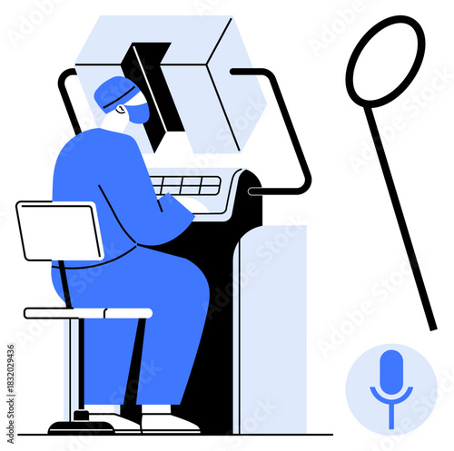 Doctor seated at a robotic console operating surgical tools, magnifying scope, and microphone. Ideal for technology, innovation, healthcare, surgery, robotics precision minimalism. Simple flat