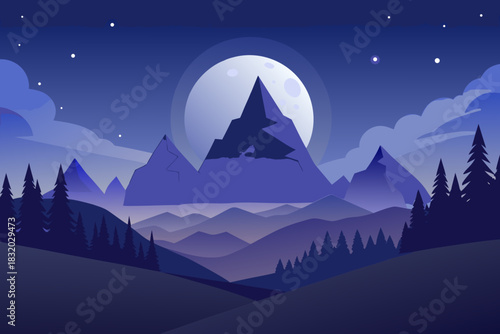 Stylized night mountain landscape with large moon and starry sky vector illustration