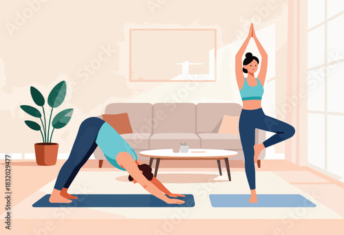 Two people doing yoga poses in a light-filled room with a couch, plant, and round table